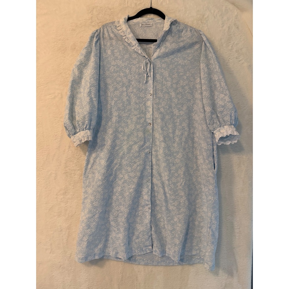 Miss Elaine Nightgown Blue Floral Seersucker‎ Snap Front Eyelet Lace Pockets L